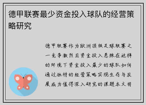 德甲联赛最少资金投入球队的经营策略研究