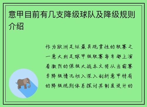 意甲目前有几支降级球队及降级规则介绍
